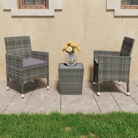 3-delige Bistroset poly rattan en gehard glas grijs 1