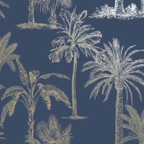 DUTCH WALLCOVERINGS Behang Tropical Trees marineblauw en zilverkleurig 2