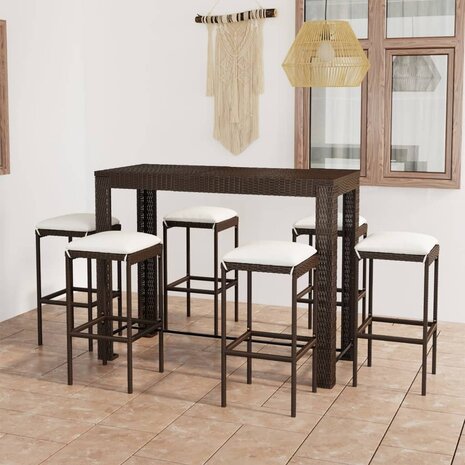 7-delige Tuinbarset met kussens poly rattan bruin 1