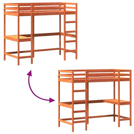 Hoogslaper met bureau massief grenenhout wasbruin 90x200 cm 7