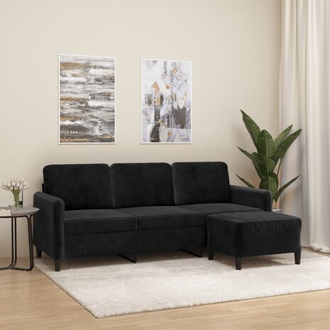 Driezitsbank met voetenbank 180 cm fluweel zwart 1