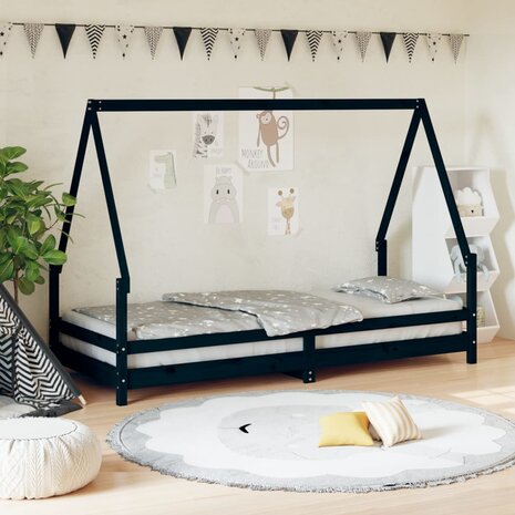 Kinderbedframe 90x200 cm massief grenenhout zwart 1