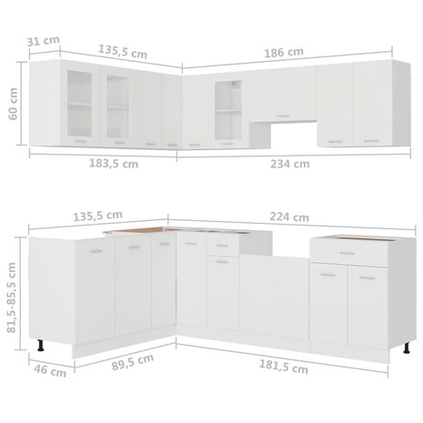 11-delige Keukenkastenset bewerkt hout wit 7