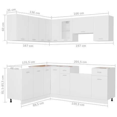 11-delige Keukenkastenset bewerkt hout wit 7