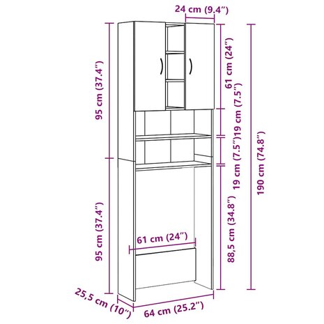 Wasmachinekast 64x25,5x190 cm wit 9