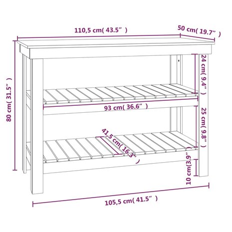 Werkbank 110,5x50x80 cm massief grenenhout wit 8