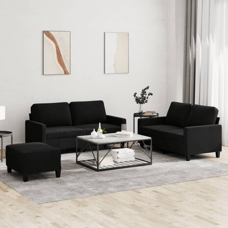 3-delige Loungeset met kussens fluweel zwart 1