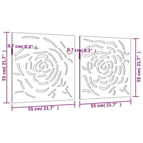 Wanddecoratie tuin 2 st rozenontwerp 55x55 cm cortenstaal 8