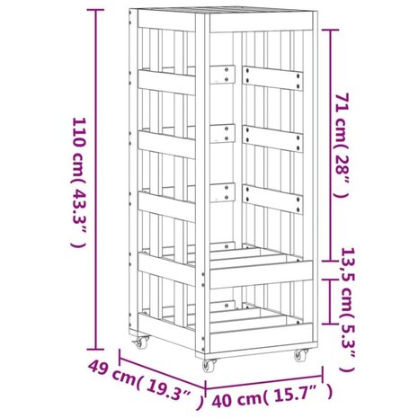 Houtblokhouder met wielen 40x49x110 cm massief grenenhout 9
