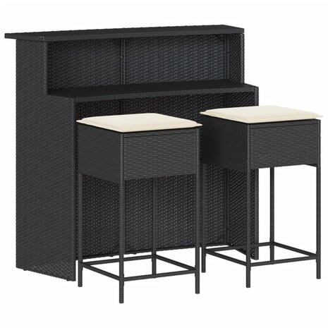 3-delige Tuinbarset met kussens poly rattan zwart 2