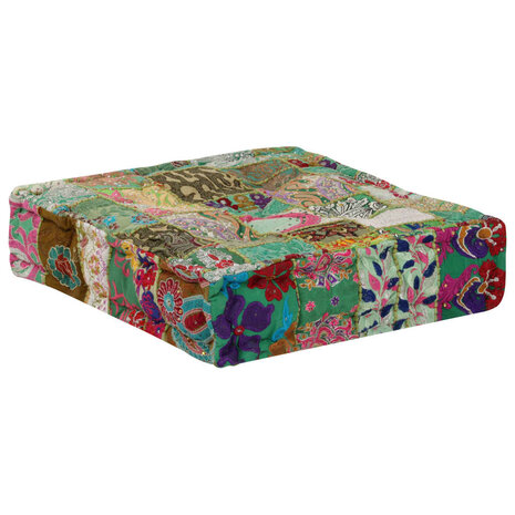 Poef patchwork vierkant handgemaakt 50x50x12 cm katoen groen 4