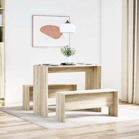 3-delige Eettafel en bankenset bewerkt hout sonoma eikenkleurig 3
