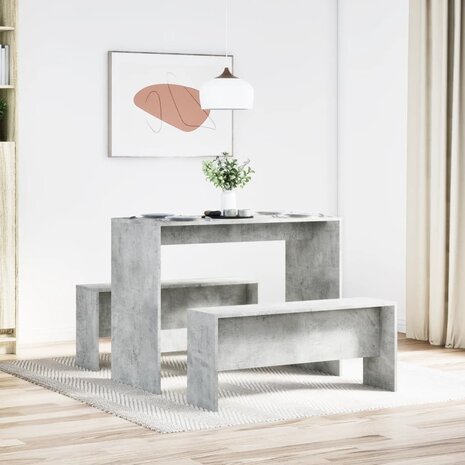 3-delige Eettafel en bankenset bewerkt hout betongrijs 3