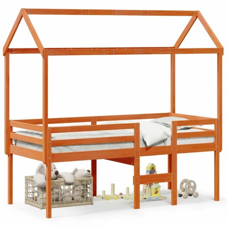 Hoogslaper met dak massief grenenhout wasbruin 75x190 cm 2