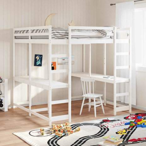 Hoogslaper met bureau en ladder grenenhout wit 140x200 cm 1