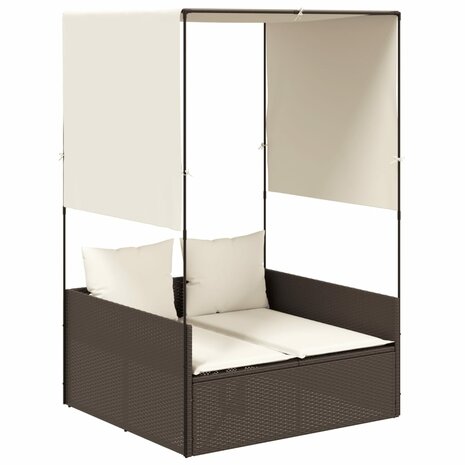 Ligbed tweepersoons met dak en gordijn poly rattan bruin 2