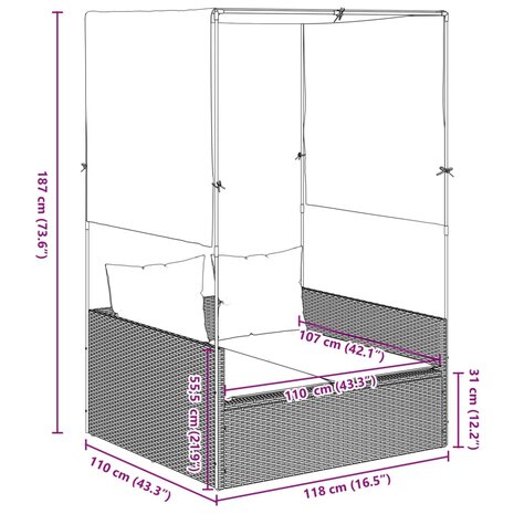 Ligbed tweepersoons met dak en gordijn poly rattan bruin 8