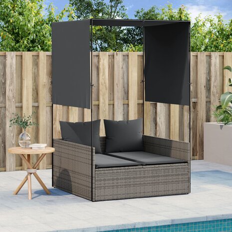 Ligbed tweepersoons met dak en gordijn poly rattan grijs 1