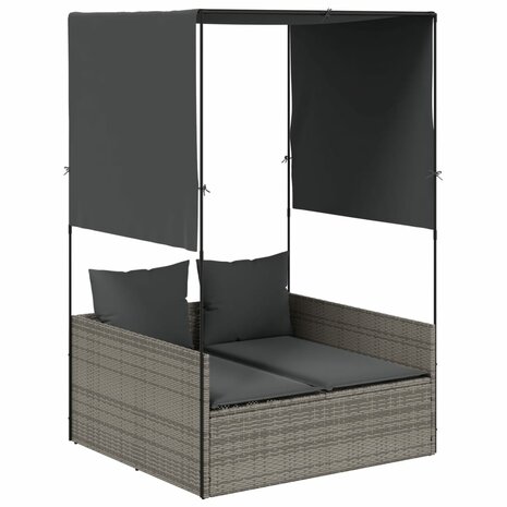 Ligbed tweepersoons met dak en gordijn poly rattan grijs 2