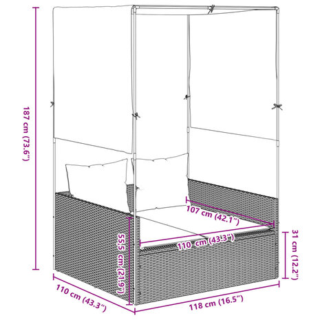 Ligbed tweepersoons met dak en gordijn poly rattan grijs 8