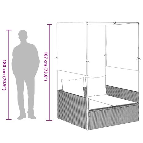 Ligbed tweepersoons met dak en gordijn poly rattan grijs 9