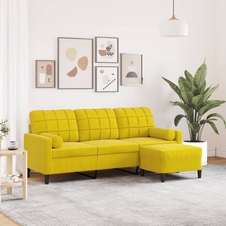 Driezitsbank met voetenbank 180 cm fluweel geel 1
