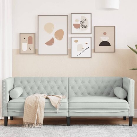 Driezitsbank Chesterfield-stijl met bolsters fluweel lichtgrijs 1