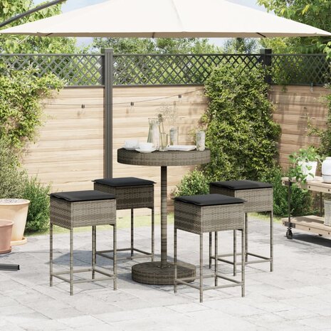5-delige Tuinbarset met kussens poly rattan grijs 3