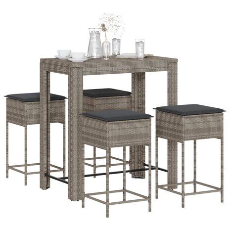 5-delige Tuinbarset met kussens poly rattan grijs 1