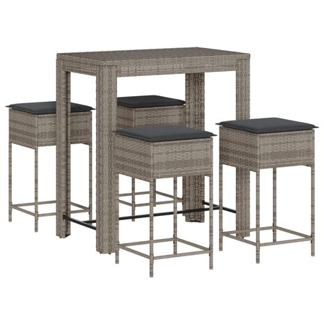 5-delige Tuinbarset met kussens poly rattan grijs 2