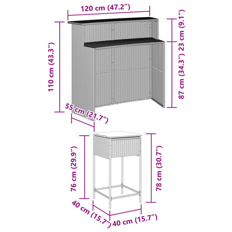 3-delige Tuinbarset met kussens poly rattan grijs 8