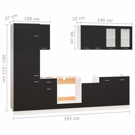 8-delige Keukenkastenset bewerkt hout zwart 8