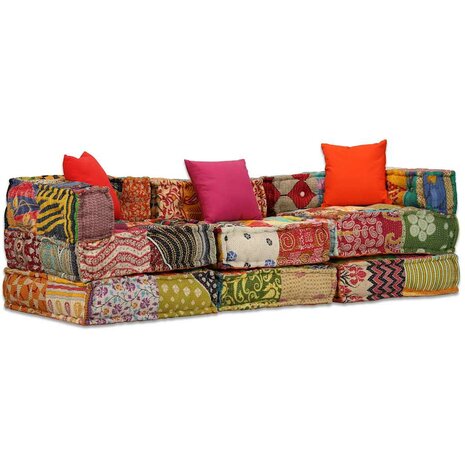Poef driezits modulair stof patchwork 1