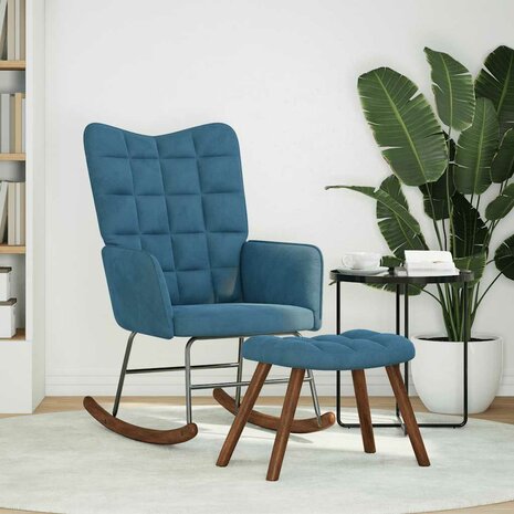 Schommelstoel met krukje fluweel blauw 3