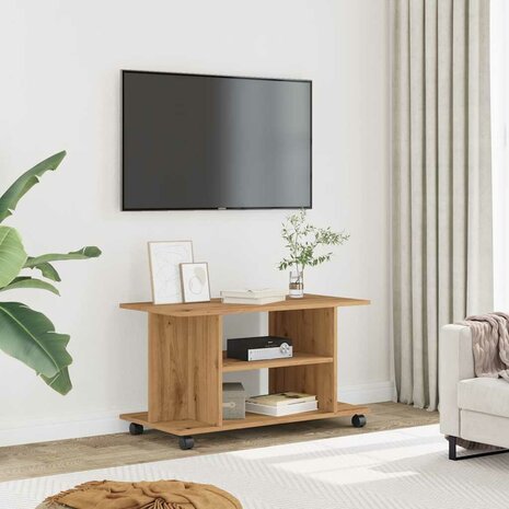 Tv-meubel met wieltjes 80x40x45cm bewerkt hout artisanaal eiken 3
