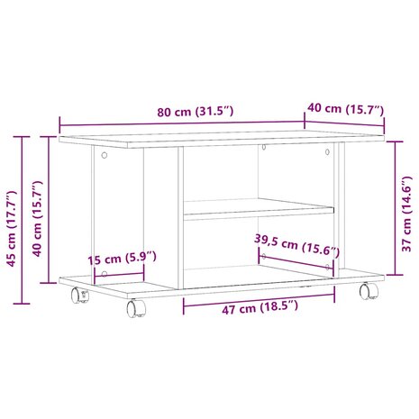 Tv-meubel met wieltjes 80x40x45cm bewerkt hout artisanaal eiken 9