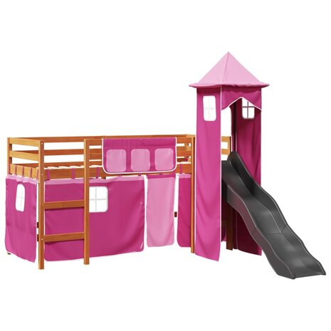 Kinderhoogslaper met toren 80x200 cm massief grenenhout roze 2