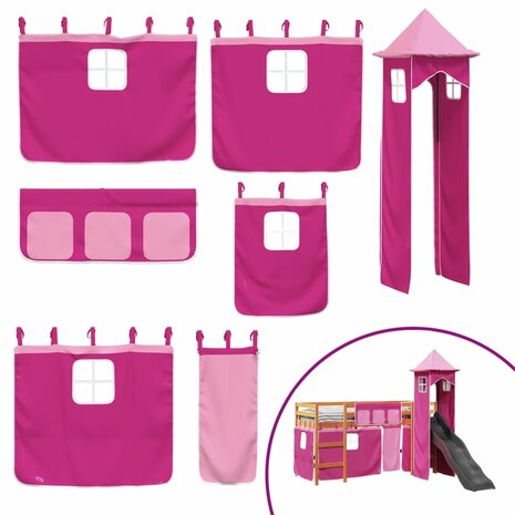 Kinderhoogslaper met toren 80x200 cm massief grenenhout roze 5