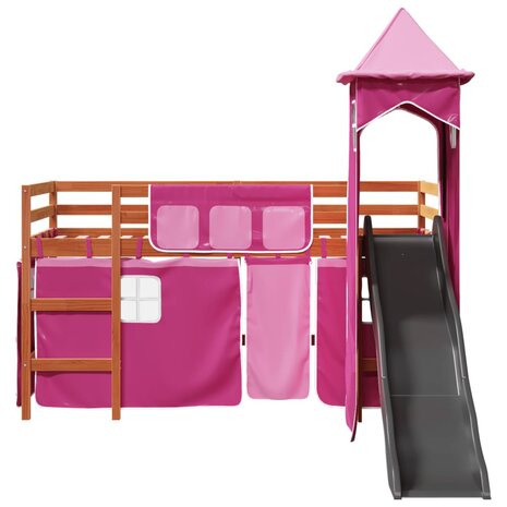 Kinderhoogslaper met toren 80x200 cm massief grenenhout roze 6