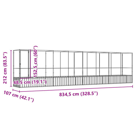 Volière met verlengstuk 834,5x107x212 m staal zilverkleurig 8