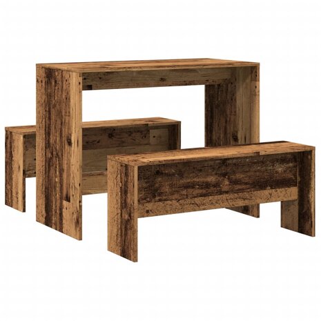 3-delige Eettafel en bankenset bewerkt hout oud houtkleurig 2