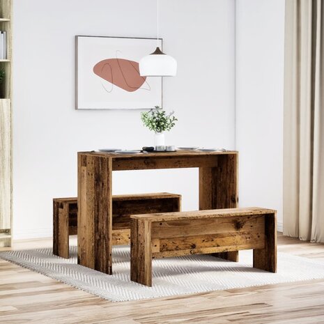 3-delige Eettafel en bankenset bewerkt hout oud houtkleurig 3