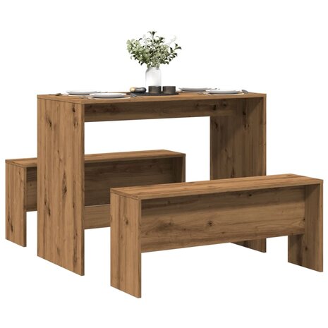 3-delige Eettafel en bankenset bewerkt hout artisanaal eiken 1