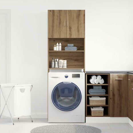 Wasmachinekast 64x24x190 cm bewerkt hout artisanaal eikenkleur 4