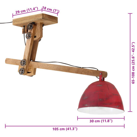 Plafondlamp 25 W E27 105x30x65-108 cm verweerd rood 8