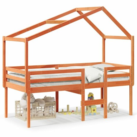 Hoogslaper met bedhuis massief grenenhout wasbruin 80x200 cm 2