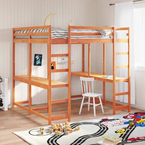 Hoogslaper met bureau en ladder grenenhout wasbruin 140x200 cm 1