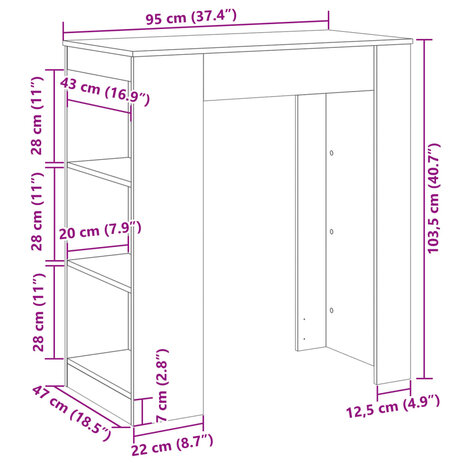 Bartafel met rekken 95x47x103,5 cm bewerkt hout grijs sonoma 9