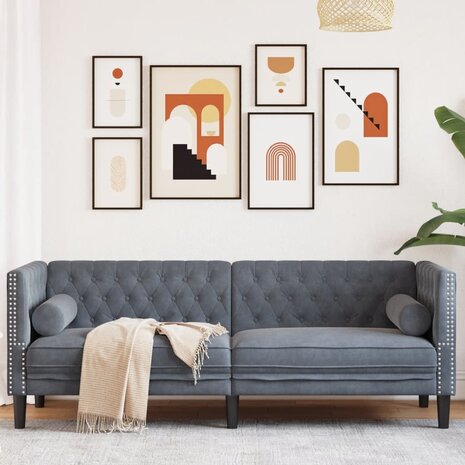 Driezitsbank Chesterfield-stijl en bolsters fluweel donkergrijs 1