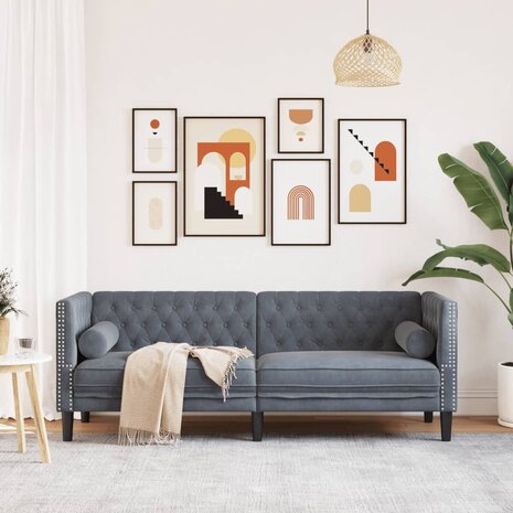Driezitsbank Chesterfield-stijl en bolsters fluweel donkergrijs 3
